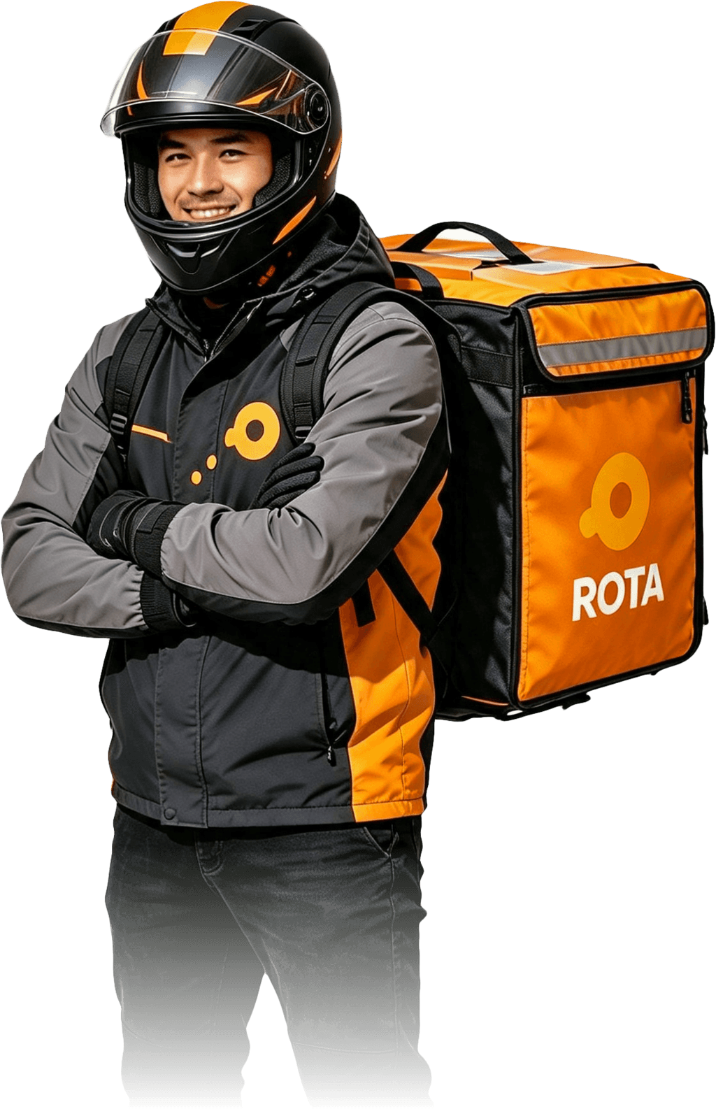 Entregador da ROTA com a bag térmica nas costas, pronto para sair para a entrega